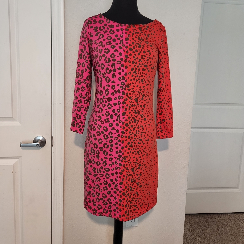 JB by Julie Brown Pink and Red Leopard Print Long Sleeve Shift Dress